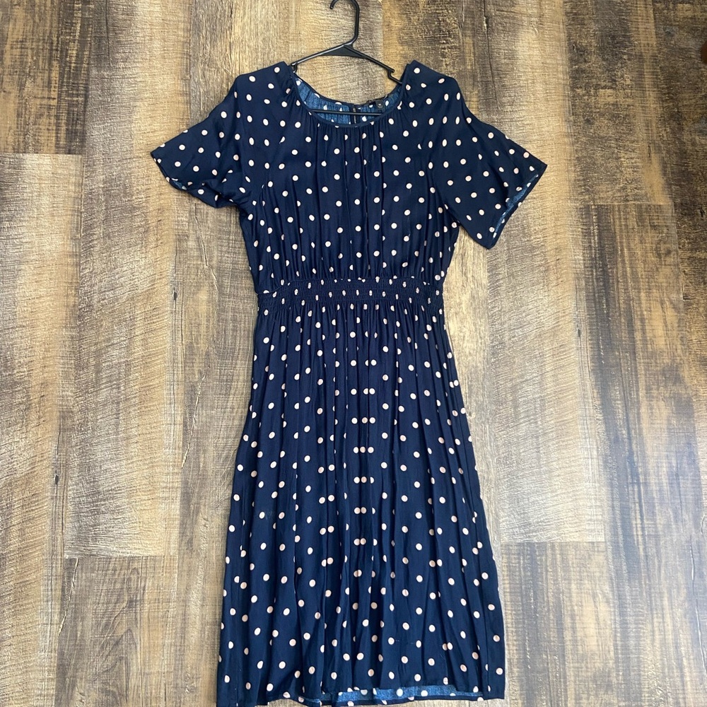 Banana Republic Navy and Tan Polka Dot Midi Dress